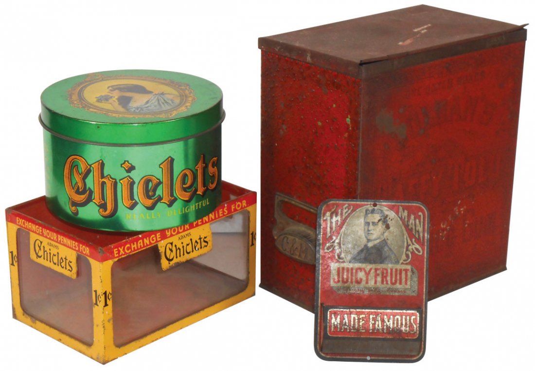 Chewing gum tins (4), Juicy Fruit match holder,: Chewing gum tins (4), Juicy Fruit match holder, Chiclets counter display tin, Chiclets round tin marked J. Chein & Co & Colgan's Taffy Tolu tin, all Good cond w/some wear, largest is 9"H x 8"W.