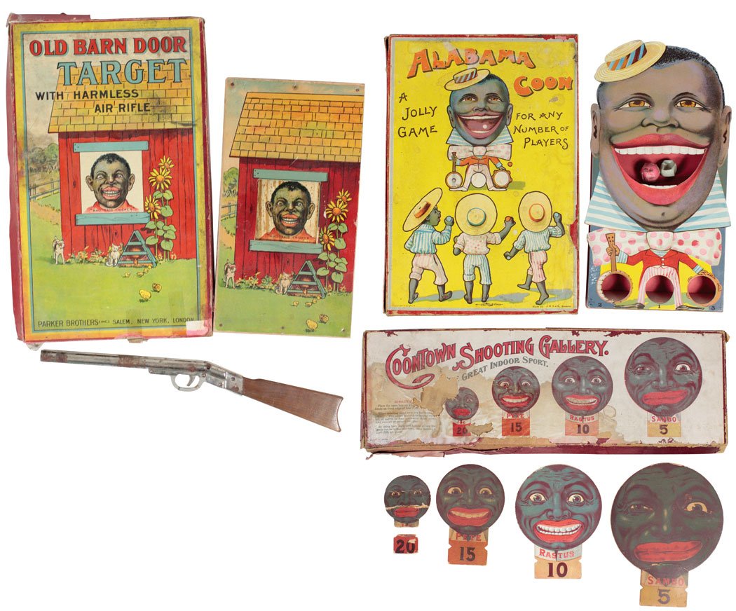 Black Americana target games (3), Coonstown Shooting: Black Americana target games (3), Coonstown Shooting Gallery, Old Barn Door Target by Parker Bros. & Alabama Coon-Bavaria, cdbd w/colorful paper lithos, Good cond w/wear on box & lid, up to 15"H x 9.5