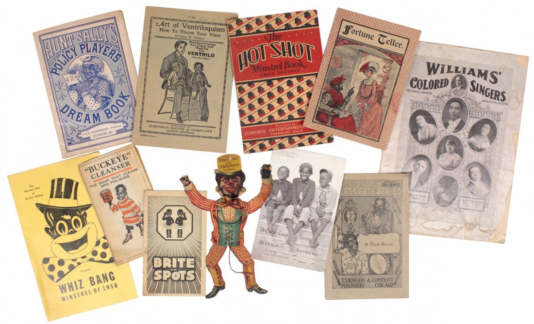 Black Americana ephemera (11), Williams Colored Singer: Black Americana ephemera (11), Williams Colored Singer booklet, Hot Shot minstrel book, Bright Spot Gold Dust book, dancing diecut trade card & others, Good to VG cond w/spine wear & minor paper loss,
