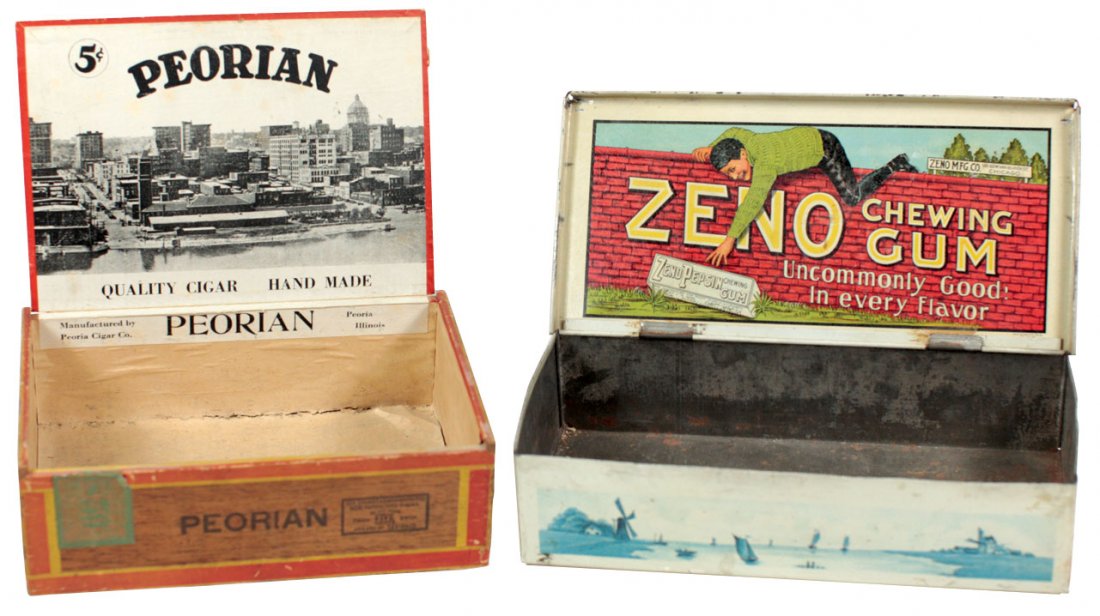 Black Americana advertising (2), Zeno Chewing Gum metal: Black Americana advertising (2), Zeno Chewing Gum metal litho box w/black man reaching for gum on interior & Peorian cigar box w/cityscape of Peoria, IL on interior, VG+ cond w/minor edge wear, lgst 2
