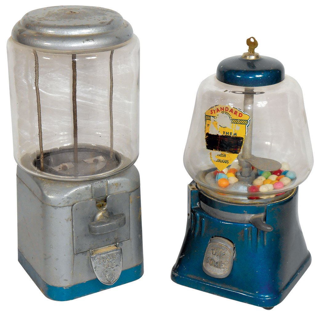 Coin-operated gumball machines (2), Acorn 1 Cent, blue,: Coin-operated gumball machines (2), Acorn 1 Cent, blue, cast aluminum w/key, 14"H & Acorn bulk vendor, no key, 16"H, both VG cond.