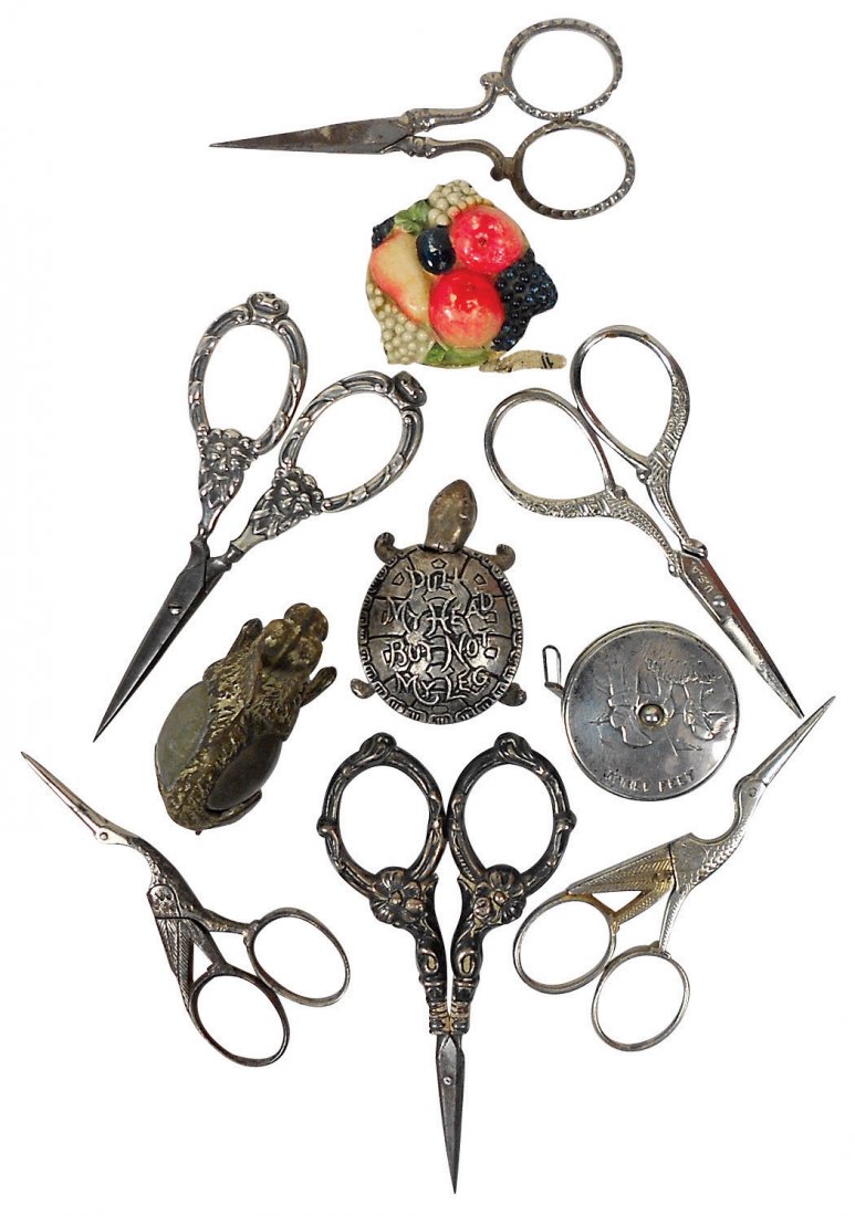 Sewing tools (10), 6 ornate embroidery scissors (1: Sewing tools (10), 6 ornate embroidery scissors (1 Sterling) & 4 figural tape measure holders (3 metal/1 plastic), VG cond, up to 4.25"L.