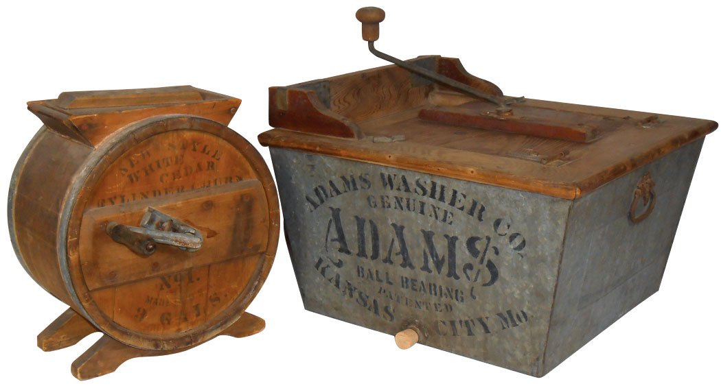 Primitive washing machine, Adams Washer Co.-Kansas: Primitive washing machine, Adams Washer Co.-Kansas City, galvanized tub w/wood mech, stenciled adv on both sides, Exc cond, 15"H x 21.5"W & White Cedar Cylinder Churn, No. 1, 3 gal, wood w/orig stenci