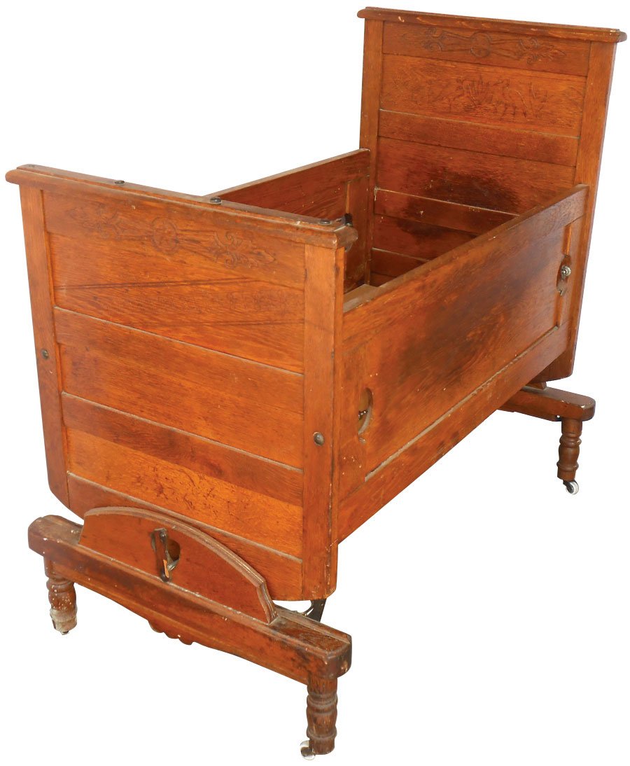 Children's crib & cradle combination, pine & ash,: Children's crib & cradle combination, pine & ash, carved head & footboard, paneled ends, porcelain castors, lever-operated pulley system turns crib into cradle, breaks down for easy moving, VG cond, 3