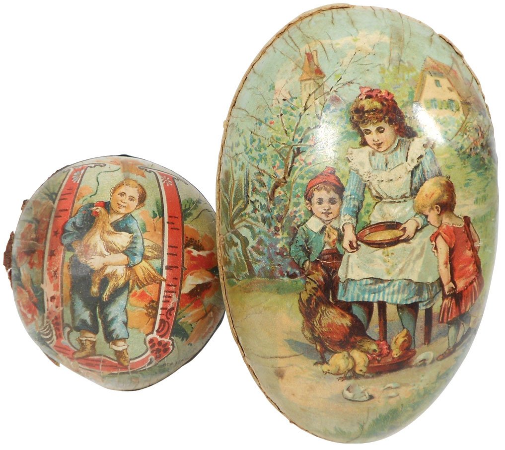 Children's Easter papier-mâché eggs (2), farm yard: Children's Easter papier-mâché eggs (2), farm yard graphics on both, both in VG cond, up to 6.25"H x 4"W.