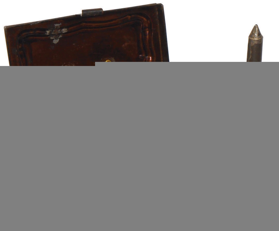 Kitchenware (4), Arcade Crystal coffee grinder: Kitchenware (4), Arcade Crystal coffee grinder w/correct embossed "Arcade" lid, crack in glass, Royal coffee grinder w/cast iron receiver, dated 1894, metal spice set in box & single candle mold, all