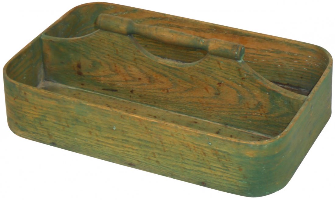 Kitchenware, silverware tote, oak w/worn green paint,: Kitchenware, silverware tote, oak w/worn green paint, turned handle, c.1870's, Exc cond, 5"H x 13"L x 8.5"W.