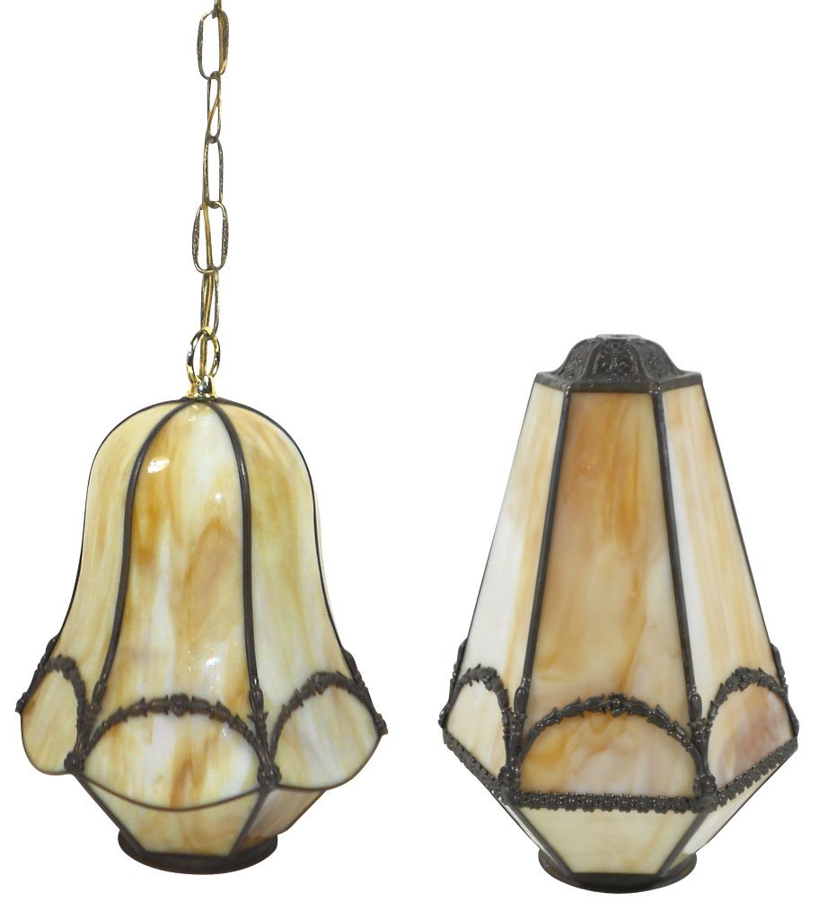 Lighting, (2), caramel slag glass hanging fixtures,: Lighting, (2), caramel slag glass hanging fixtures, from a mansion in Corning NY, both in VG+ cond w/one small split in glass on one panel on hex shade, other has added top ring, approx 12.5"H x 8.75"