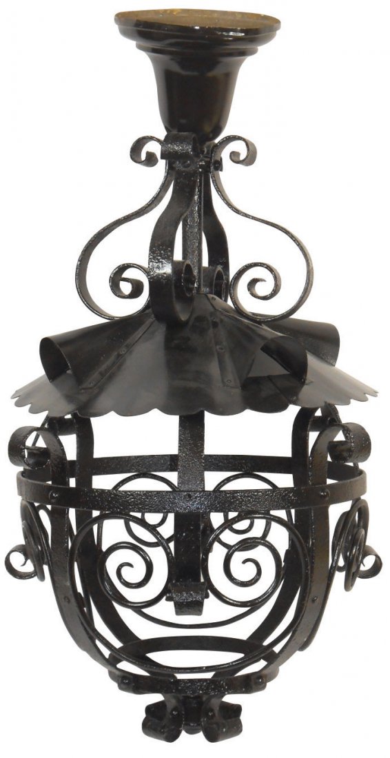 Hanging gas light, 2-pc outdoor light fixture, from: Hanging gas light, 2-pc outdoor light fixture, from mansion in Corning, NY, c.1900, wrought iron, missing globe & repainted, o/wise VG cond, 21"H x 11"Dia.
