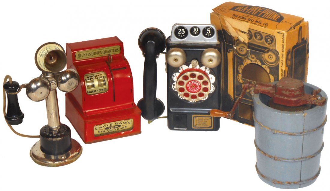 Children's toys (4), Gem Ice Cream Freezer, Uncle Sam: Children's toys (4), Gem Ice Cream Freezer, Uncle Sam Cash Register, candlestick phone w/wood receiver-"Ma-Ma" Play One-670", patd 1925 & Pla Phone by the Gong Bell Co. w/orig box (torn), all VG & Exc