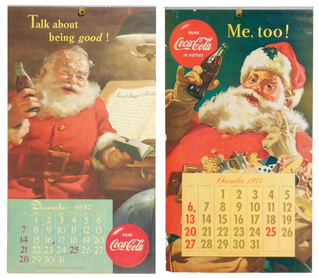 Coca-Cola calendars (5), 1953, 1954, 1958, 1960 & 1961: Coca-Cola calendars (5), 1953, 1954, 1958, 1960 & 1961 w/beautiful Christmas graphics, all complete w/cover page, all VG/Exc cond in protective wrap, 17.5"H x 12.25"W & 23"H x 13"W.