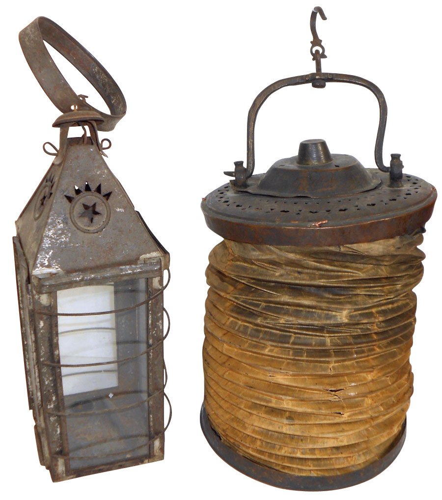 Lighting (2), early candle lamp, pierced tin w/star &: Lighting (2), early candle lamp, pierced tin w/star & sunburst cutouts, wire rings & strap handle, Exc orig cond & early copper folding candle lamp, hand wrought iron frame, both very unusual & VG ori