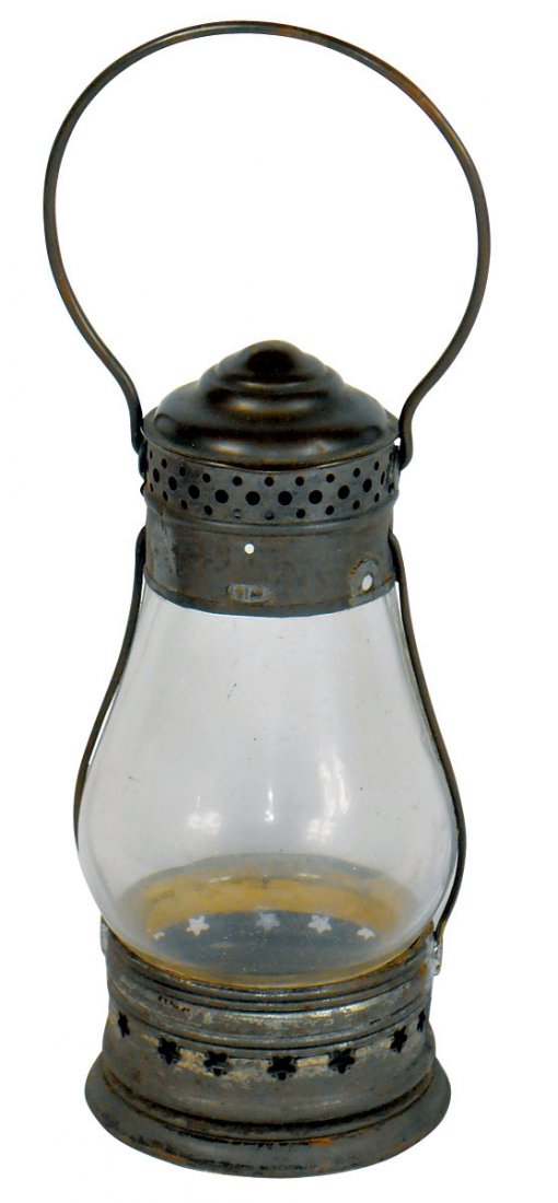 Lighting, early candle lamp, pierced tin, stars circle: Lighting, early candle lamp, pierced tin, stars circle base, mfgd by NE Glass Co.-patd Oct 24, 1868 on bottom, some re-solder where sides meet base, o/wise Exc cond, 9.5"H.