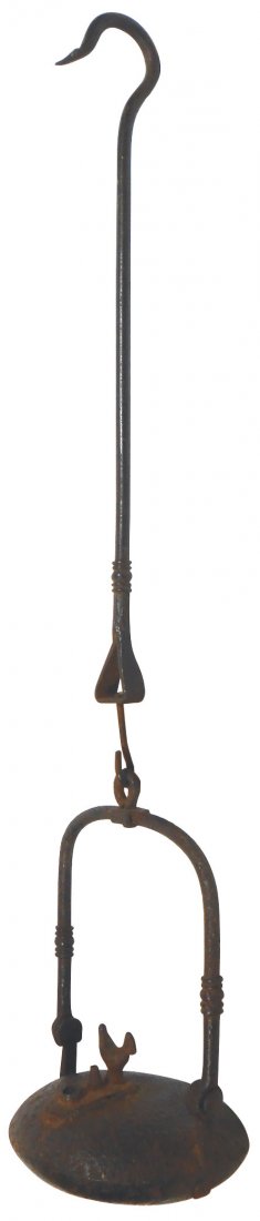 Lighting, hanging Betty Lamp, very early hand wrought: Lighting, hanging Betty Lamp, very early hand wrought cast iron w/chicken finial, unusual, VG cond w/orig patina, 24"L.