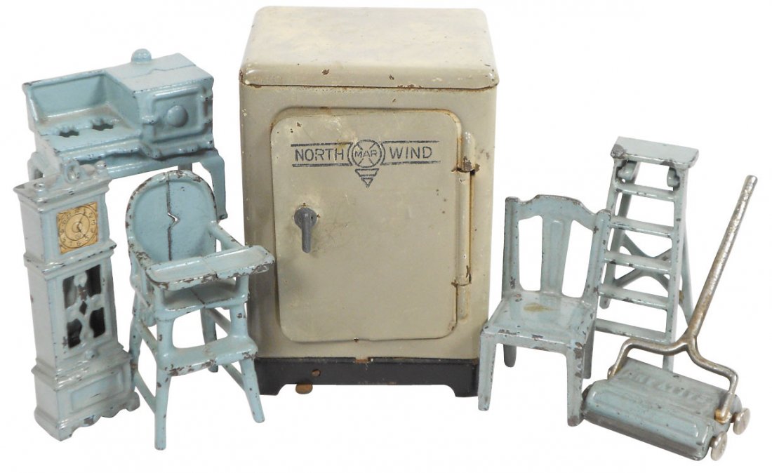 Doll house furniture (7), chair, vacuum, high chair,: Doll house furniture (7), chair, vacuum, high chair, stove, grandfather clock & ladder & "North Mar Wind" refrigerator w/wood bowl inside, VG cond w/light paint wear, lgst item 4.5"H x 3"W x 2.5"L.