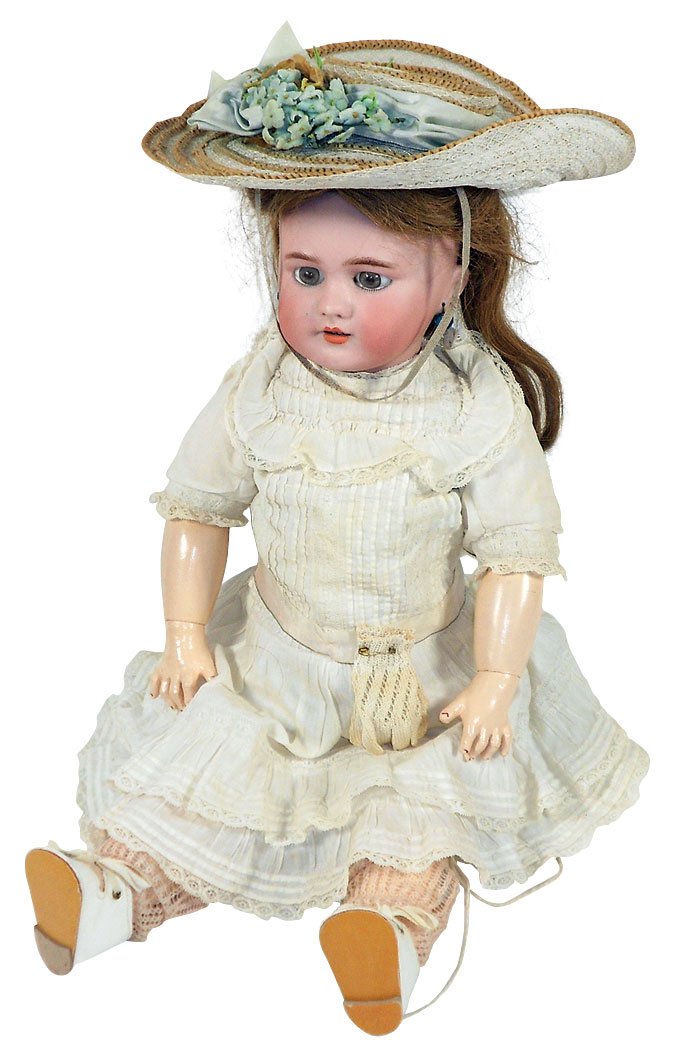 Doll, Tete Jumeau Bisque Head Bebe (red label), Bebe: Doll, Tete Jumeau Bisque Head Bebe (red label), Bebe Jumeau oval blue decal on back, orig wig w/cork pate (not attached), inset eyes, pierced ears, split composition w/inoperable cry box, open mouth, 