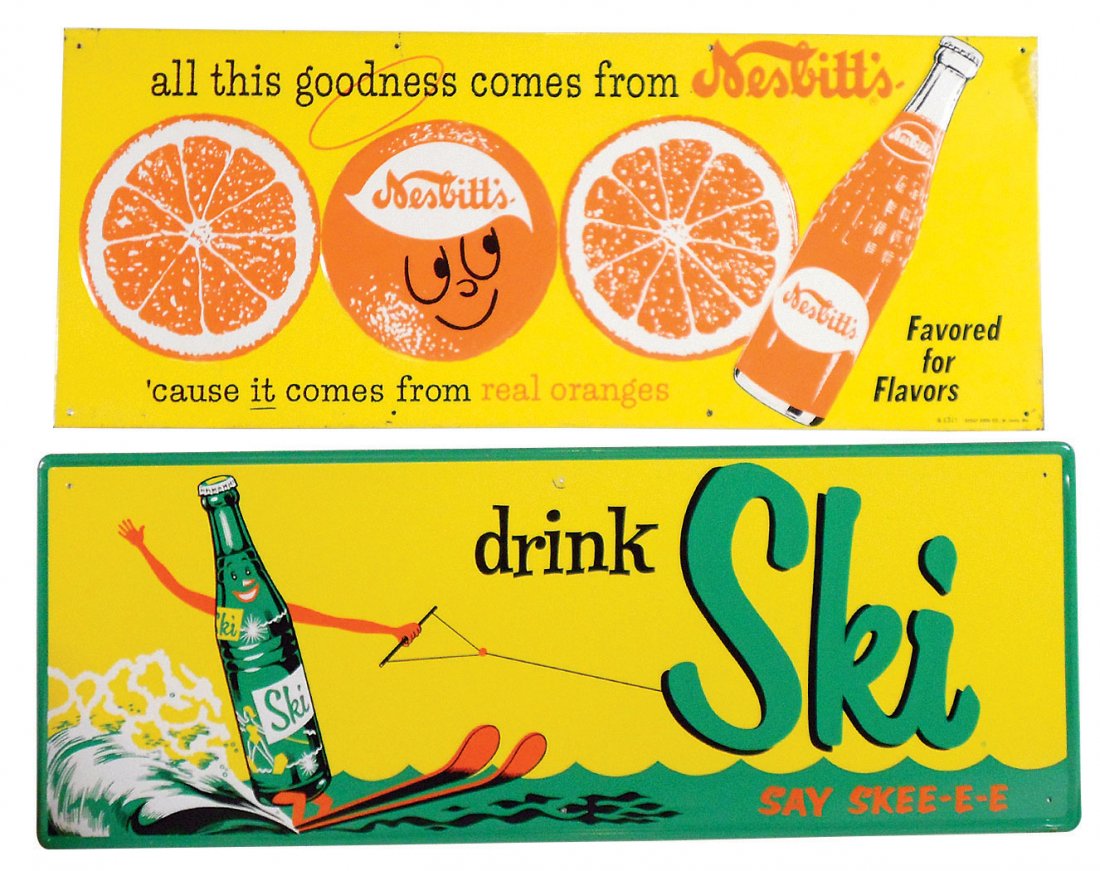 Soda fountain signs (2), Nesbitt's by Stout Sign: Soda fountain signs (2), Nesbitt's by Stout Sign Co.-St. Louis, MO, litho on emb metal, 12"H x 30"W & Drink Ski, colorful litho on metal, 11.75"H x 31.75"W, both Exc cond.