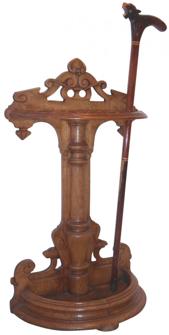 Furniture, cane or umbrella holder, oak, unique: Furniture, cane or umbrella holder, oak, unique semi-circular design, carved back, Exc cond, 32"H x 18.5"W x 10"D.