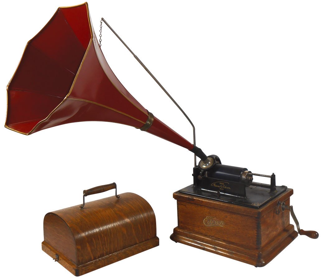 Phonograph, Edison Fireside w/morning glory horn, Exc: Phonograph, Edison Fireside w/morning glory horn, Exc working cond, 11"H x 10"W.