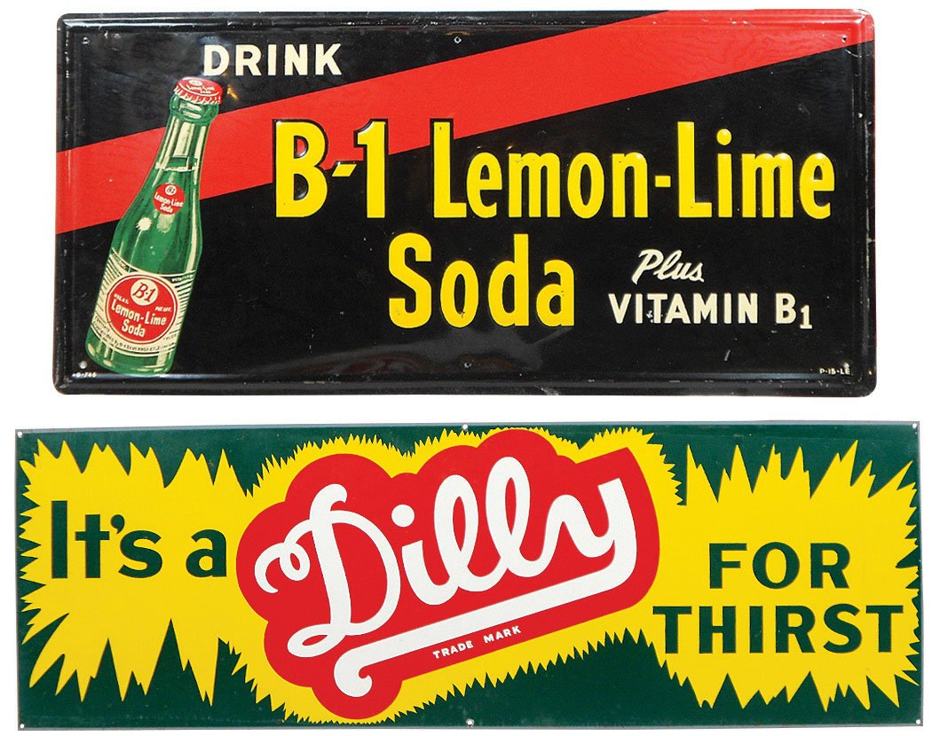 Soda fountain signs (2), B-1 Lemon-Lime, VG Cond, 16"H: Soda fountain signs (2), B-1 Lemon-Lime, VG Cond, 16"H x 33.25"W & Dilly, Exc cond, 12.25"H x 36"W, both emb metal.
