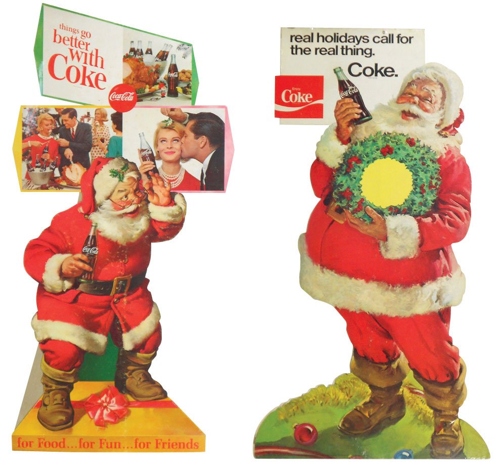 Coca-Cola Christmas Santa cdbd diecuts (3), c.1960's,: Coca-Cola Christmas Santa cdbd diecuts (3), c.1960's, repair to angel at top of tree, o/wise all VG cond w/minor edge wear, lgst 33"H x 18.75"W.