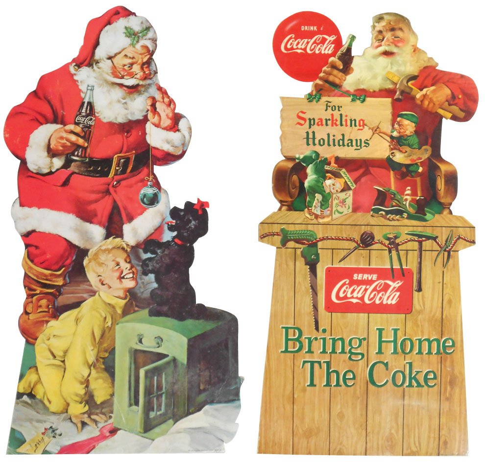 Coca-Cola Christmas Santa cdbd diecuts (2), "For: Coca-Cola Christmas Santa cdbd diecuts (2), "For Sparkling Holidays Bring Home the Coke", c.1956, 28"H x 14"W & Santa, Larry & Puppy, c.1964, 25"H x 13"W, both VG cond.