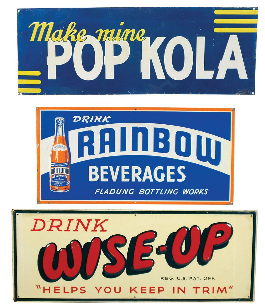 Soda fountain signs (3), Rainbow Beverages, Fladung: Soda fountain signs (3), Rainbow Beverages, Fladung Bottling Works, 12"H x 24"W & self-framed Make Mine Pop Kola & Drink Wise-Up, 12"H x 30.25"W, all emb metal in VG cond.