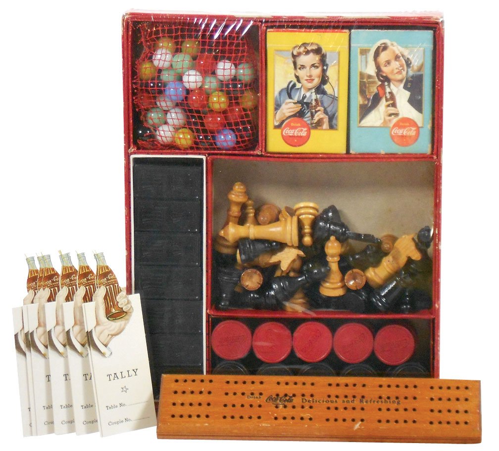 Coca-Cola games & scorecards (13), c.1940's complete: Coca-Cola games & scorecards (13), c.1940's complete box of games, 11 bridge tally cards from Mason City & 2-hand 6-card cribbage set w/paper instructions by Milton Bradley, box is 9.25"H x 11.75"W, g