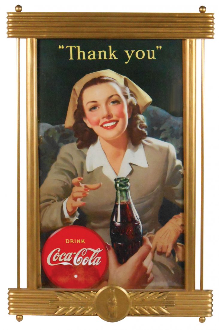 Coca-Cola cdbd sign, "Thank You", pretty girl being: Coca-Cola cdbd sign, "Thank You", pretty girl being handed a bottle, correct style gold wood frame w/metal medallion, sign in Good/VG cond w/small hole at top & bottom, 32"H x 21"W.