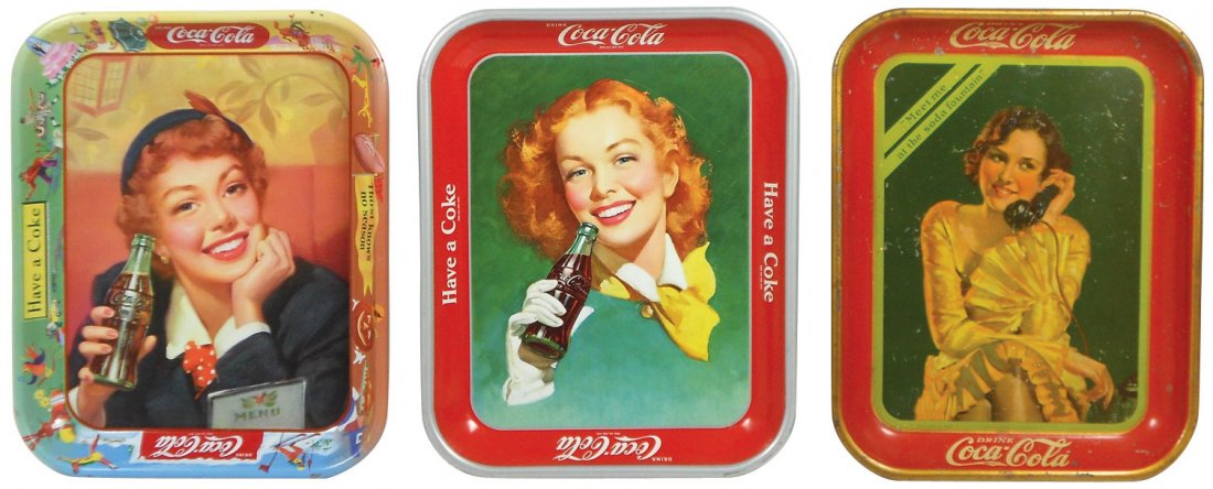 Coca-Cola serving trays (3), c.1950's & 1930, litho on: Coca-Cola serving trays (3), c.1950's & 1930, litho on metal, 1950's trays in Exc+ cond, 1930 in Good cond w/scattered paint loss & edge wear, 13.5"H x 10.5"W.