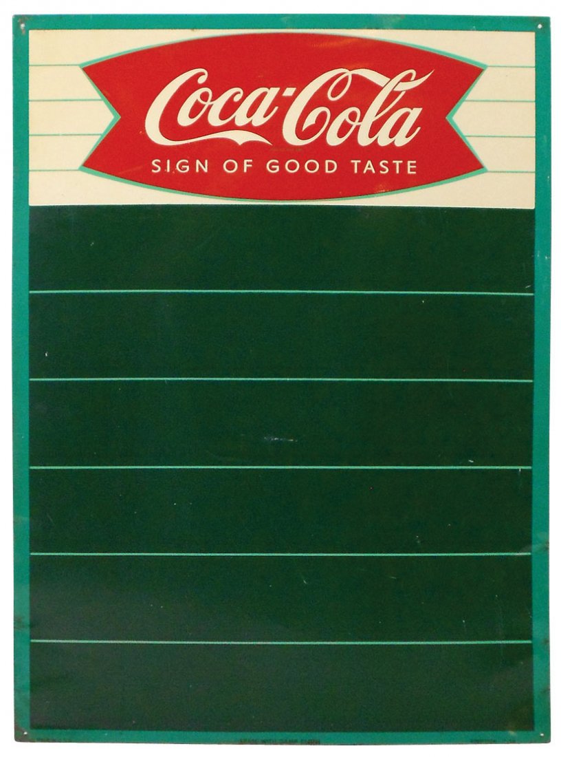 Coca-Cola menu board, "Sign of Good Taste", metal: Coca-Cola menu board, "Sign of Good Taste", metal w/fishtail logo, green border & menu face, c.1960's, VG cond, 28"H x 19.5"W.