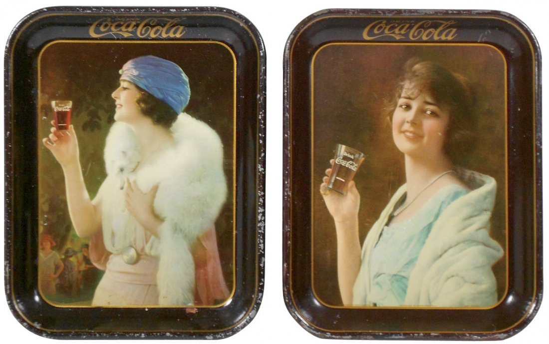 Coca-Cola serving trays (2), c.1923 & 1925, American: Coca-Cola serving trays (2), c.1923 & 1925, American Art Works litho on metal, Exc cond w/some edge wear, 13.5"H x 10.5"W.