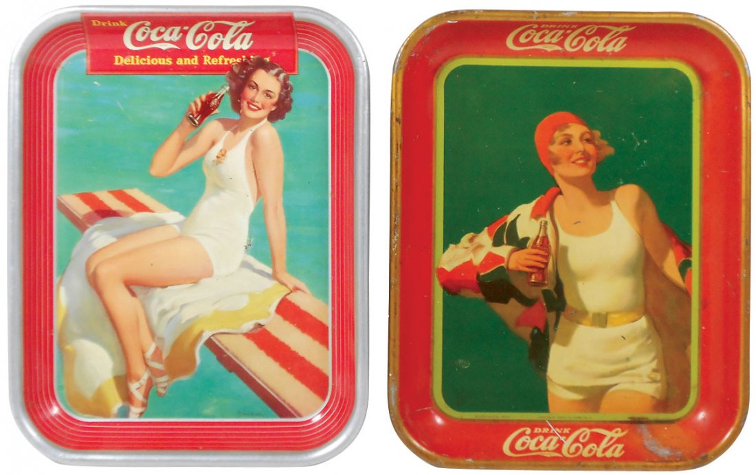 Coca-Cola serving trays (2), c.1930 & 1939 swimsuit: Coca-Cola serving trays (2), c.1930 & 1939 swimsuit girls, American Art Works litho on metal, VG cond w/some wear, 13.5"H x 10.5"W.