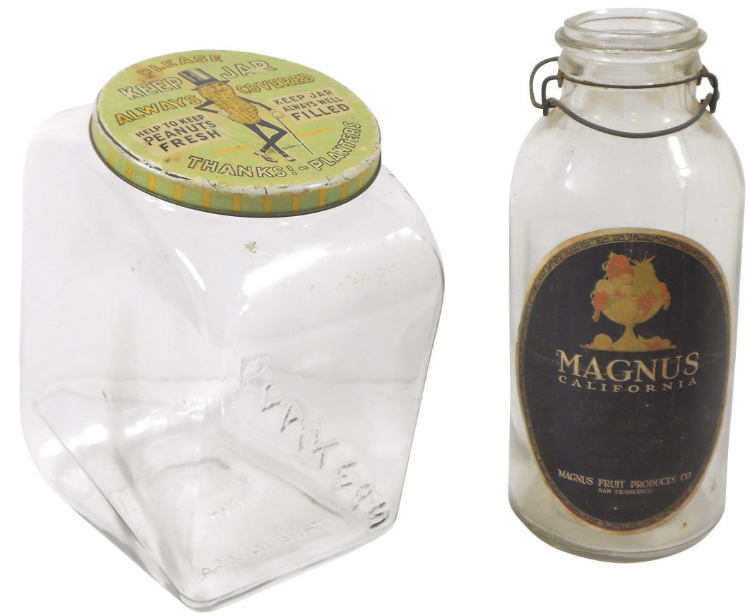 Soda fountain & peanut jars (2), Magnus California: Soda fountain & peanut jars (2), Magnus California Crushed Raspberries, VG cond but no lid, 10.5"H x 4.25"W & embossed Planters jar w/metal lid, VG cond, 10"H.