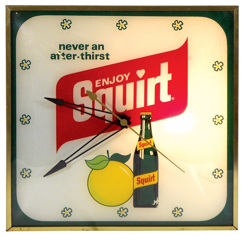 Soda fountain clock, "Enjoy Squirt", Pam light-up,: Soda fountain clock, "Enjoy Squirt", Pam light-up, metal case w/glass face & convex outer glass, Exc working cond, 15" Sq.