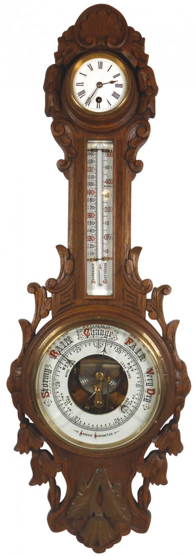 Barometer w/thermometer & clock, elaborately carved oak: Barometer w/thermometer & clock, elaborately carved oak case w/porcelain faces, crack in glass bezel on barometer, o/wise Exc working cond, 36"H x 12"W.