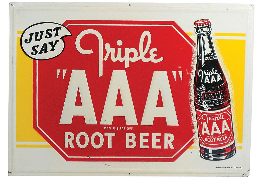 Soda fountain signs (2), Triple "AAA" Root Beer,: Soda fountain signs (2), Triple "AAA" Root Beer, self-framed litho on emb metal by Stout Sign Co.-St. Louis, MO, VG cond, 19.5"H x 27.5"W & framed cdbd 5 cents, Exc cond, 13.75"H x 7.25"W.