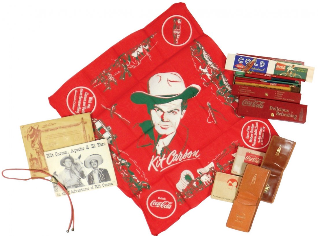 Coca-Cola pencil cases, wallets & handkerchief (5), 2: Coca-Cola pencil cases, wallets & handkerchief (5), 2 pencil cases, each w/2 pencils (blue/red), red/blue holder w/steel nib, eraser, ruler & 2 blotters; 2 pigskin wallets w/boxes; 1 "Kit Carson Kerch