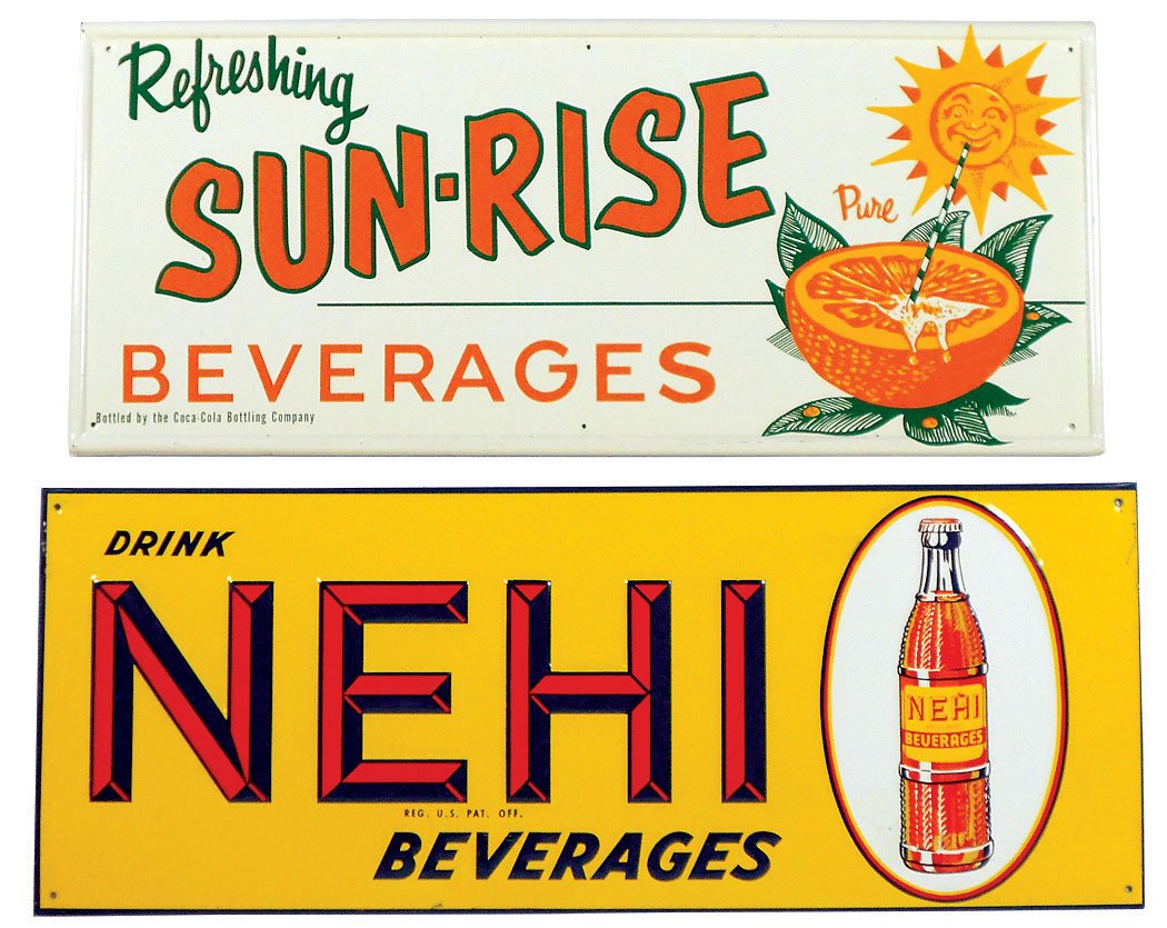 Soda fountain signs (2), Nehi, 11.25"H x 29"W &: Soda fountain signs (2), Nehi, 11.25"H x 29"W & Sun-Rise, bottled by Coca-Cola, 12"H x 27.75"W, both emb metal in Exc cond.