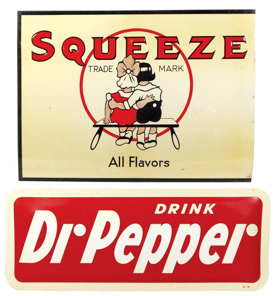 Soda fountain signs (2), Squeeze & Dr. Pepper, both: Soda fountain signs (2), Squeeze & Dr. Pepper, both metal, Squeeze emb w/trimmed RH edge & some dimpling, VG cond, 20"H x 27.5"W & Dr. Pepper self-framed w/raised center in Near-Mint cond, 11.75"H x 3