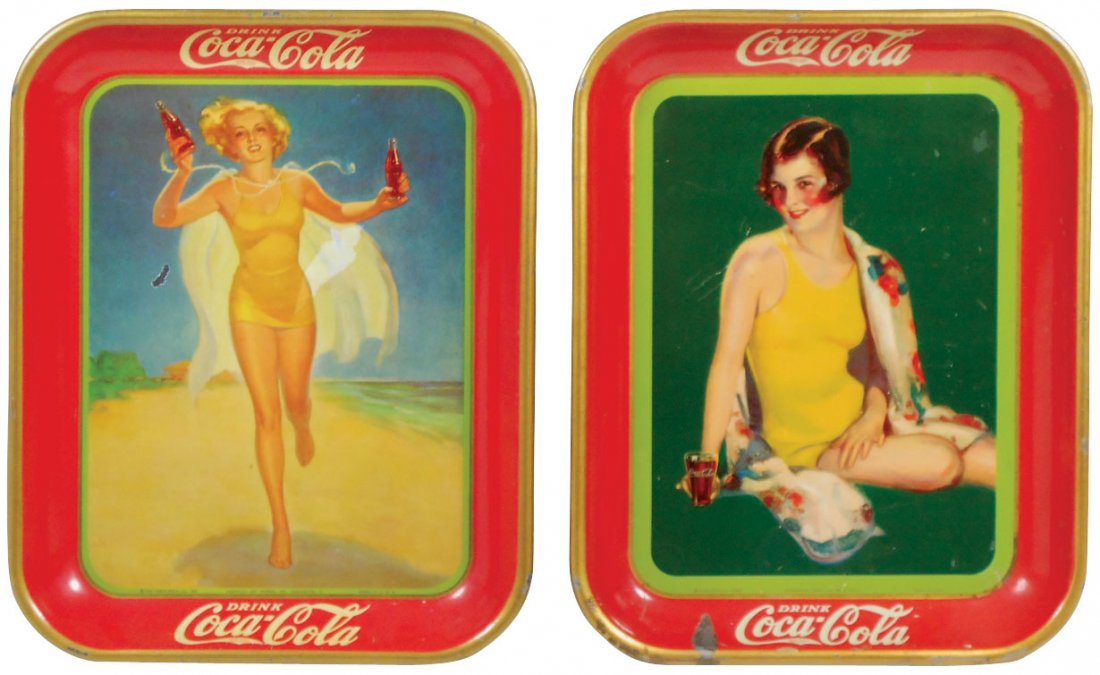 Coca-Cola serving trays (2), 1937 & 1929 swimsuit: Coca-Cola serving trays (2), 1937 & 1929 swimsuit girls, American Art Works litho on metal, VG cond w/edge wear & minor paint loss, 13.5"H x 10.5"W.