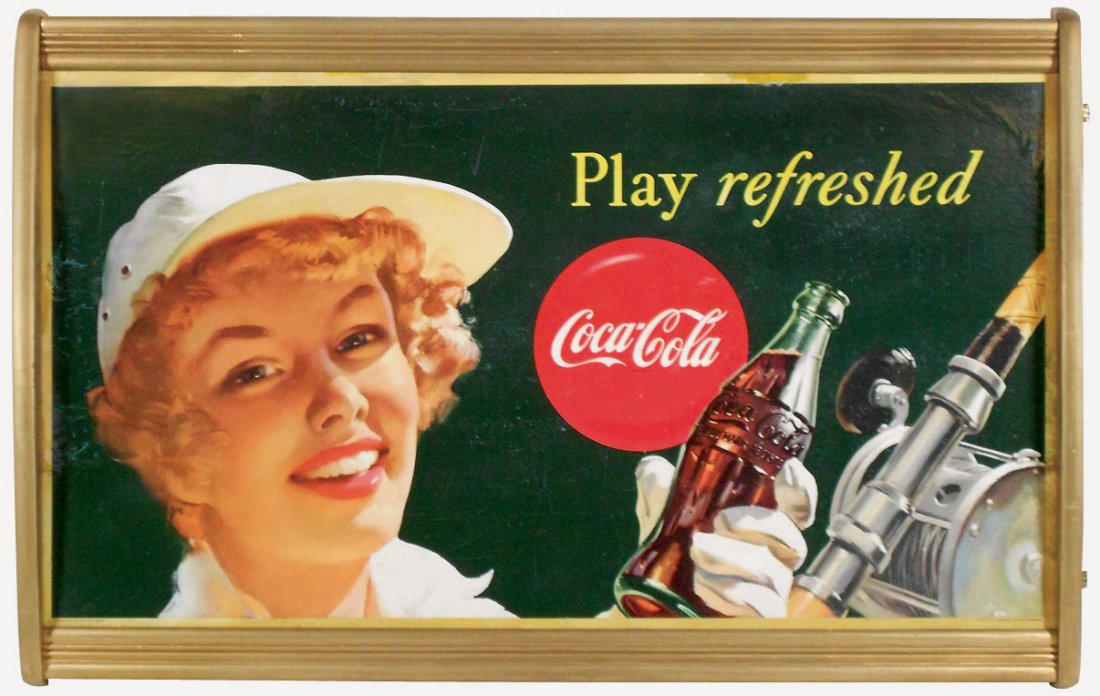 Coca-Cola cdbd sign, "Play refreshed," pretty girl: Coca-Cola cdbd sign, "Play refreshed," pretty girl w/fishing pole, orig gold wood frame, c.1950, Good/VG cond w/some moisture damage along sides, 24"H x 37"W.