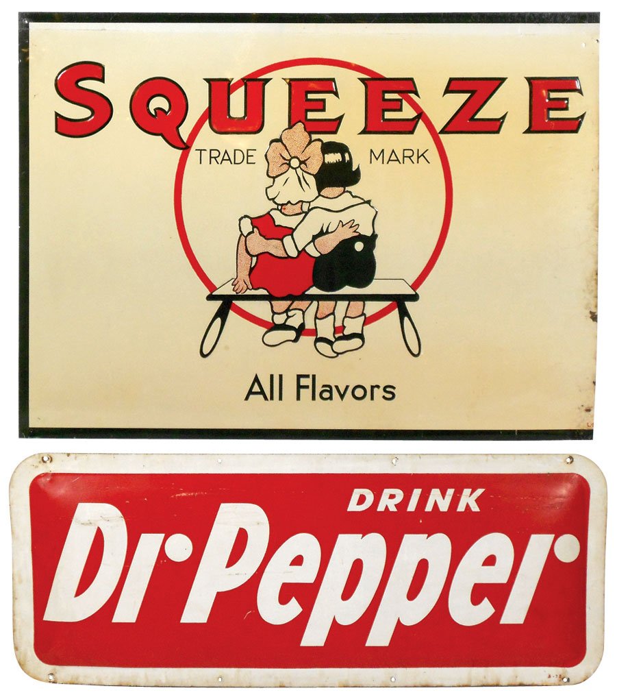 Soda fountain signs (2), Squeeze & Dr. Pepper, both: Soda fountain signs (2), Squeeze & Dr. Pepper, both metal, Squeeze emb w/trimmed RH edge & some dimpling, 20"H x 27.5"W & Dr. Pepper self-framed w/raised center, Good cond w/minor edge rust & scratche