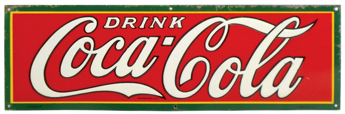 Coca-Cola sign, "Drink Coca-Cola", litho on metal,: Coca-Cola sign, "Drink Coca-Cola", litho on metal, marked Dasco-F & Made in USA, c.1930's, Good cond w/some signs of wear, 5.75"H x 17.75"W.