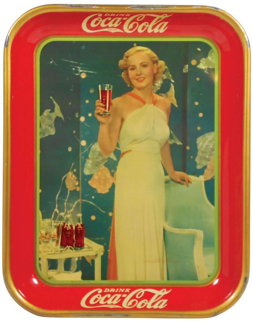 Coca-Cola serving tray, c.1935, actress Madge Evans,: Coca-Cola serving tray, c.1935, actress Madge Evans, American Art Works litho on metal, Exc cond w/minor wear, 13.5"H x 10.5"W.
