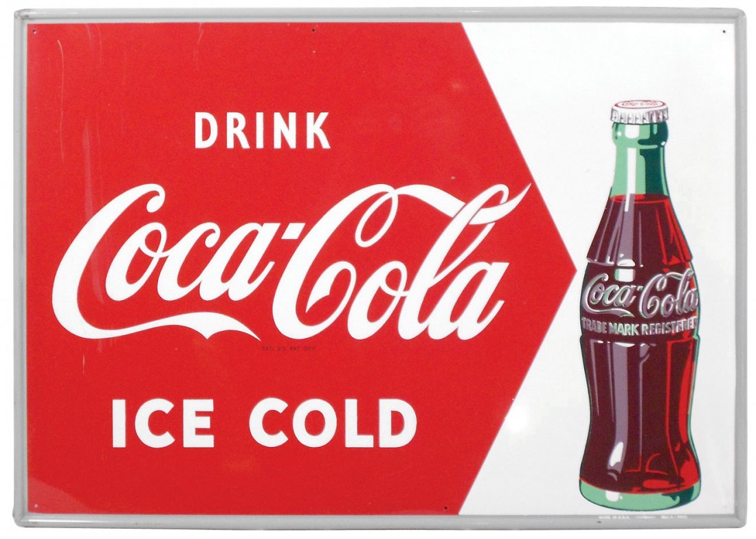 Coca-Cola sign, "Drink Coca-Cola Ice Cold", litho on: Coca-Cola sign, "Drink Coca-Cola Ice Cold", litho on metal, c.1950's, Exc cond w/minor paint wear, 20"H x 28"W.