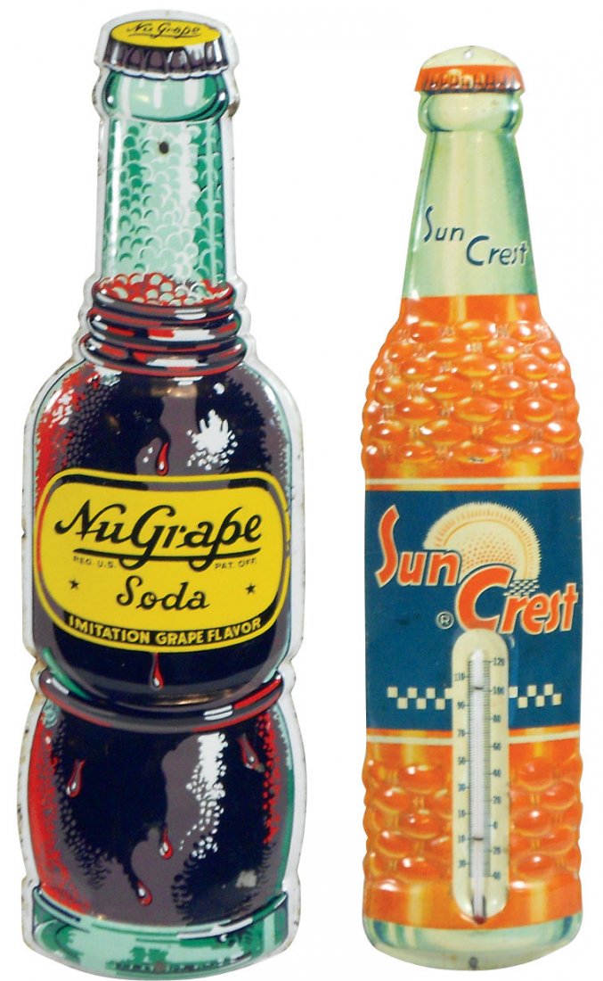 Soda fountain sign & thermometer (2), bottle-shaped: Soda fountain sign & thermometer (2), bottle-shaped sign for Nu Grape Soda, Good+ cond w/some wear, 17"H x 5"W & Sun Crest thermometer, marked Robertson, Exc cond, 16.5"H x 4"W, both diecut metal.