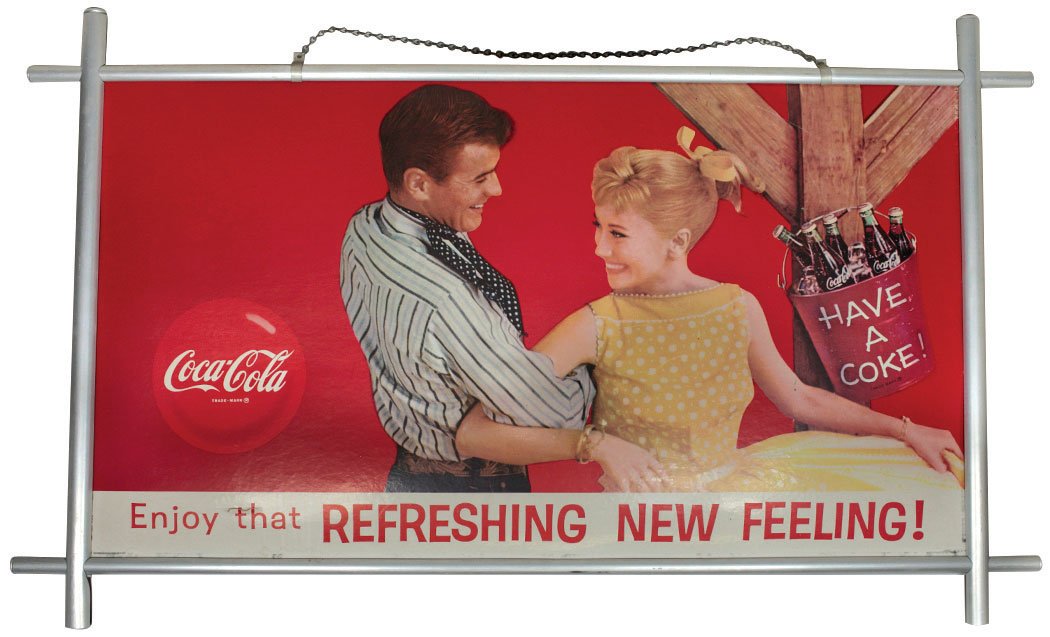 Coca-Cola cdbd sign, square dancers, "Enjoy that: Coca-Cola cdbd sign, square dancers, "Enjoy that Refreshing New Feeling", orig aluminum frame, VG cond w/small puncture at word "that" in lower left, 24.25"H x 40.25"W.