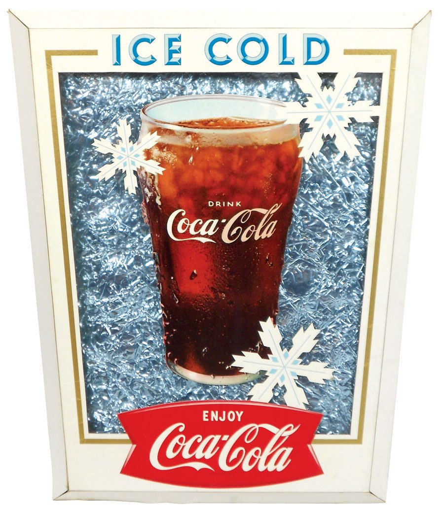 Coca-Cola cdbd signs (2), "Welcome Friend" w/four leaf: Coca-Cola cdbd signs (2), "Welcome Friend" w/four leaf clover, horseshoe, rabbit's foot & wishbone & dimensional "Ice Cold Enjoy Coca-Cola" sign w/fishtail logo & blue foil backing, VG cond w/minor we