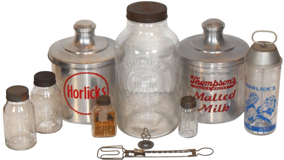 Soda fountain items (10), Horlick's Malted Milk &: Soda fountain items (10), Horlick's Malted Milk & Thompson Malted Milk, includes embossed jars, metal malt powder jars, mixer & sign holder, all Exc cond, 3.5" to 11"H.